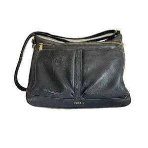 Fossil Expandable Black Pebbled Leather Zip Top Crossbody Bag Dual Front Pocket